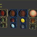 Traffic Lights With Red Yellow Green Illuminated Signals In Row