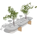 Modern Outdoor Chair Bench With Curved Concrete Surface Wooden Legs Small Tables Trees And Pebbles