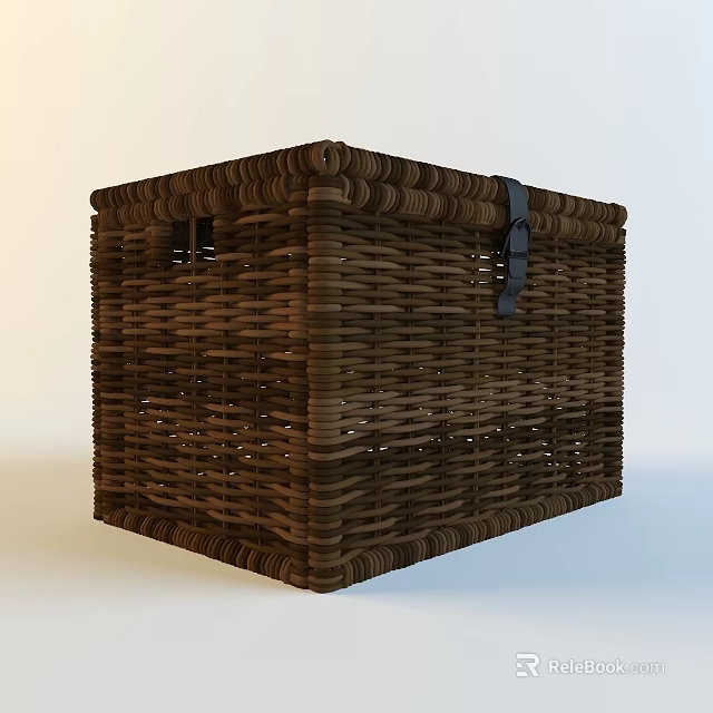 Brown Wicker Trunk With Intricate Woven Texture And Black Buckle Strap 3d model 