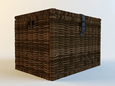 Brown Wicker Trunk With Intricate Woven Texture And Black Buckle Strap 3d model