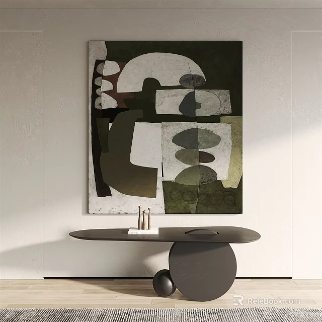 Abstract Geometric Wall Art In Modern Interior With Circular Table And Decorations 3d model