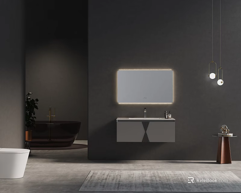 Modern Bathroom Vanity with Lighted Mirror Wall Mounted Sink and Contemporary Design 3d model 