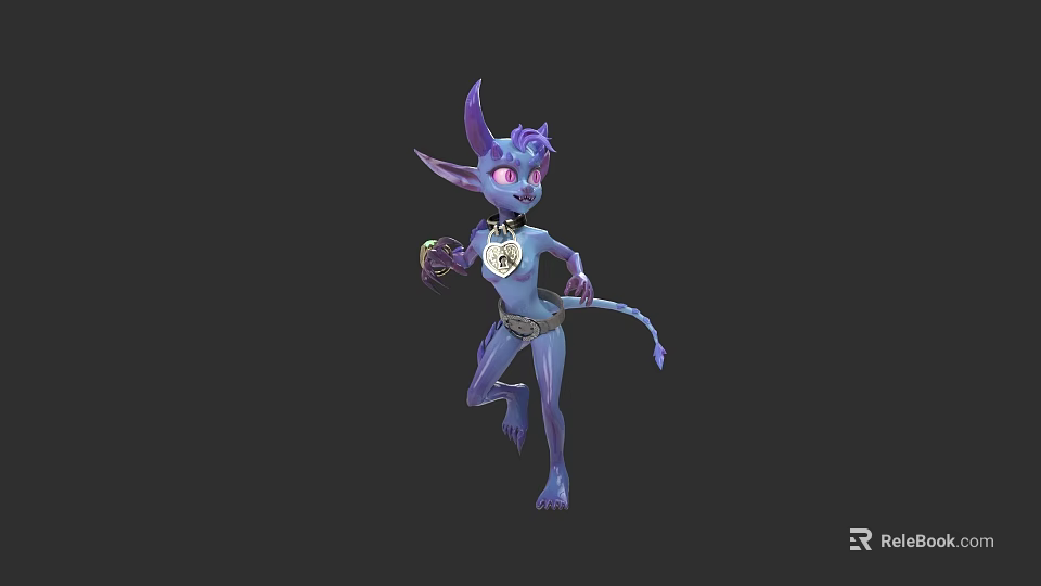 Purple Skinned Game Character With Pointed Ears Horns Tail Holding Orb And Heart Symbol 3d model 