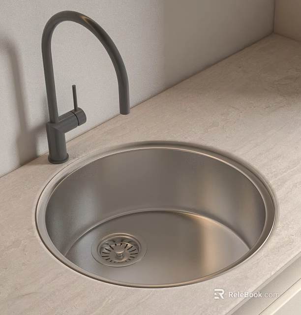 Modern Stainless Steel Kitchen Sink With Black Faucet On Light Countertop 3d model 