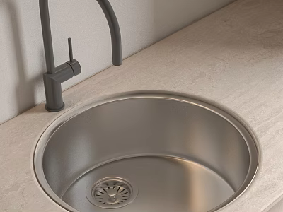 Modern Stainless Steel Kitchen Sink With Black Faucet On Light Countertop 3d model