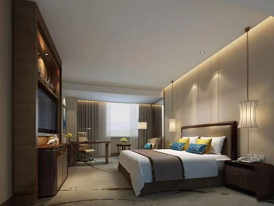 Modern Hotel Guest Room Interior With Comfortable Bed Desk And Natural Light 3d model