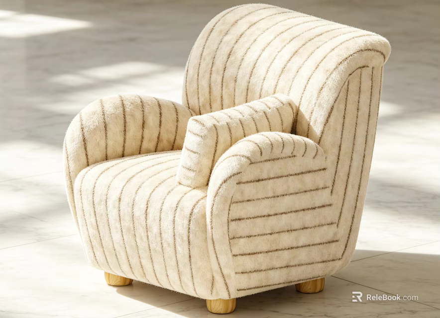 Classic Beige Striped Armchair with Curved Arms Wooden Legs and Soft Fabric 3d model 