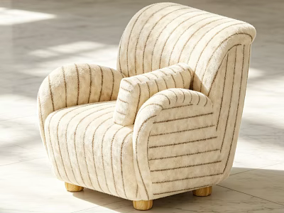 Classic Beige Striped Armchair with Curved Arms Wooden Legs and Soft Fabric 3d model