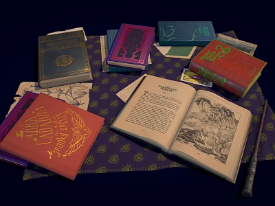 Colorful Books And Magazines With Open Illustrated Pages Decorative Covers Stacked 3d model