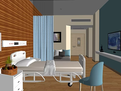 Modern Hospital Room Interior With White Bed Blue Chair TV Curtains And Wooden Wall 3d model