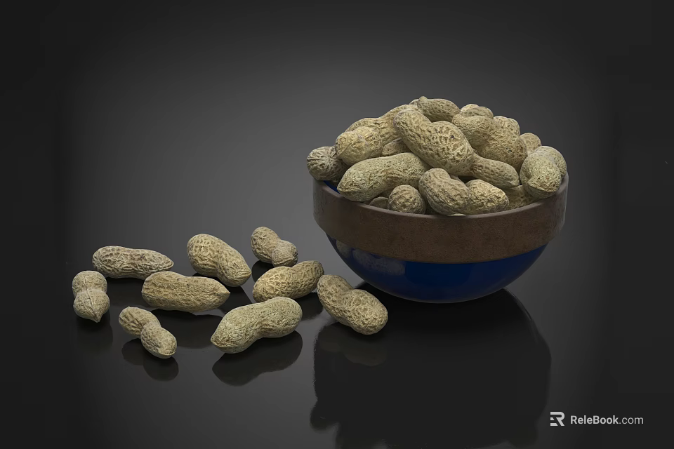 Roasted Peanuts in Ceramic Bowl with Scattered Nuts on Black Surface 3d model 