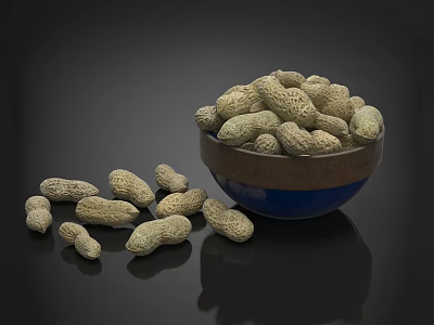 Roasted Peanuts in Ceramic Bowl with Scattered Nuts on Black Surface 3d model