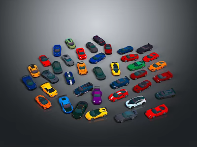 Assorted Colored Small Cars Arranged in Circular Layout on Dark Backdrop 3d model