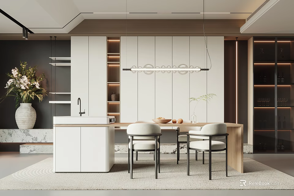 Modern Elegant Restaurant Interior With Open Concept White Marble Dining Table Chairs And Pendant Lights 3d model