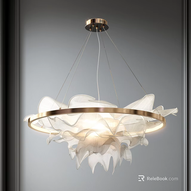 Elegant Modern Chandelier With White Petal Shaped Design And Brass Ring Frame Illumination 3d model 
