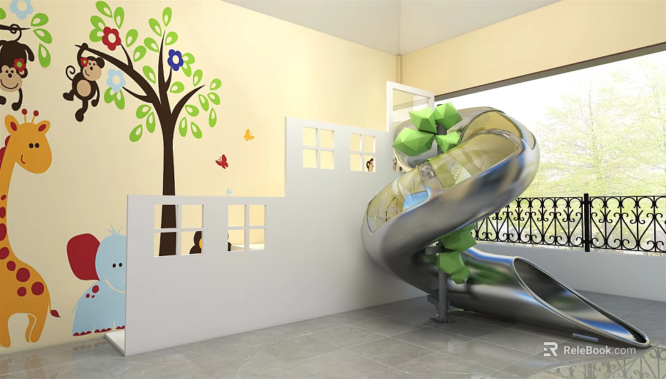 Indoor Playground Equipment Stainless Steel Spiral Slide with Tree Monkey Butterfly Flower Wall Decals 3d model 