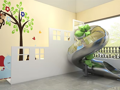 Indoor Playground Equipment Stainless Steel Spiral Slide with Tree Monkey Butterfly Flower Wall Decals 3d model