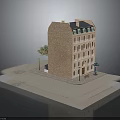 3D Model of Multi Storey Urban Brick Building with Street Lamp Tree and Bench