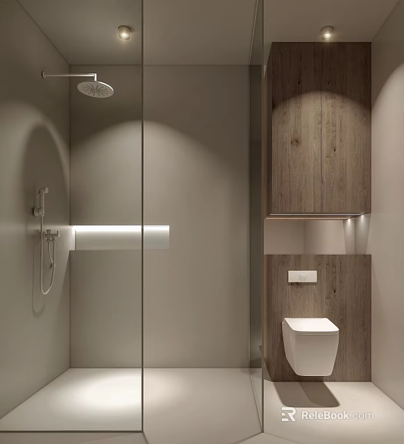 Modern Minimalist Bathroom Interior With Clear Glass Shower Enclosure And Warm Wooden Wall Mounted Toilet 3d model 