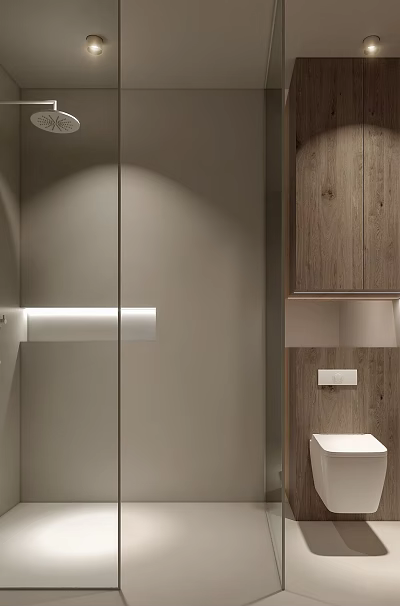 Modern Minimalist Bathroom Interior With Clear Glass Shower Enclosure And Warm Wooden Wall Mounted Toilet 3d model
