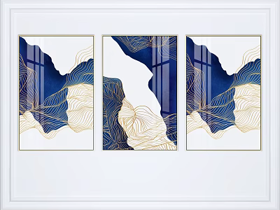 Three Piece Abstract Painting Featuring Blue Gold Wavy Lines Geometric Shapes And White Frame Wall Art 3d model