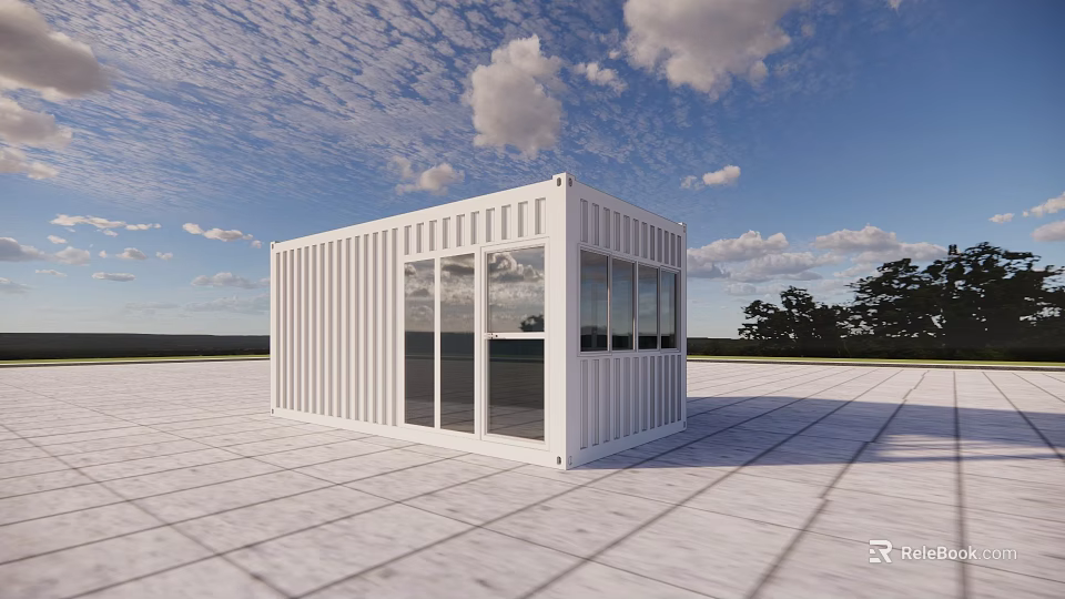 White Container Guesthouse Building With Large Windows In Open Area Under Cloudy Sky 3d model 