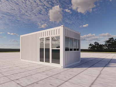 White Container Guesthouse Building With Large Windows In Open Area Under Cloudy Sky 3d model
