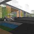 Modern Sales Office Building With Wooden Structure White Facade And Water Feature Entrance