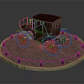 Vintage Horse Drawn Carriage With Wooden Roof And Ornate Wheels On Stone Paved Platform