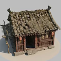 Traditional Ancient Chinese Building Featuring Wooden Structure Tile Thatched Roof Red Lanterns And Stone Steps