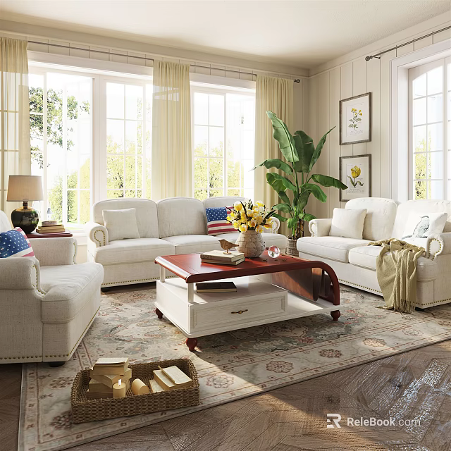 Bright Living Room With White Sofas Coffee Table Green Plants Area Rug And Large Windows 3d model 