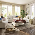 Bright Living Room With White Sofas Coffee Table Green Plants Area Rug And Large Windows