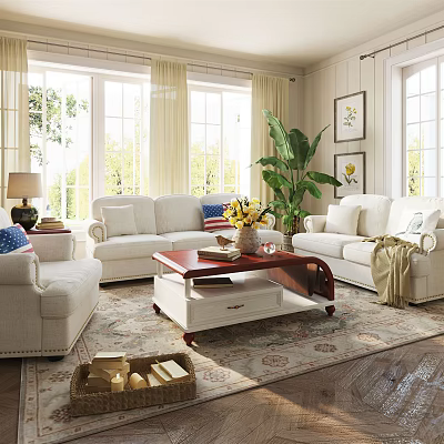 Bright Living Room With White Sofas Coffee Table Green Plants Area Rug And Large Windows 3d model