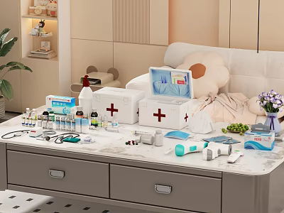 Coffee Table With First Aid Kits Medical Supplies Thermometer And Stuffed Toy 3d model