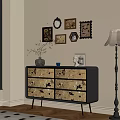 Entryway Sideboard Cabinet with Decorative Vase Books Framed Pictures Near Floor Lamp and Window Blinds