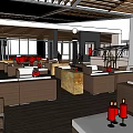 Hotel Public Lounge Area With Wooden Slatted Ceiling Red Armchairs And Open Layout