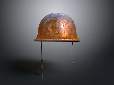 Vintage Rusted Steel Helmet With Yellow Star Against Gray Background 3d model