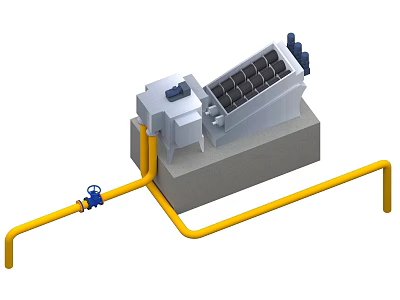 Industrial Equipment Featuring Black Grille Yellow Pipes and Blue Valve on Concrete Base 3d model