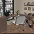 Wooden Home Office Desk with Laptop Books Chair and Wall Shelves by Window