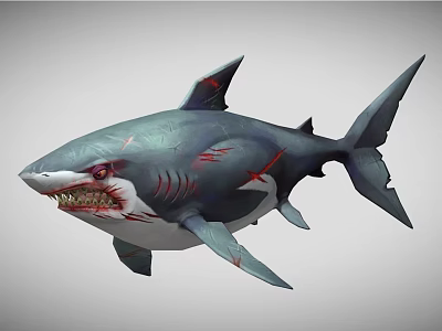 Ferocious Aquatic Shark With Scratched Body Sharp Teeth And Red Marks 3d model