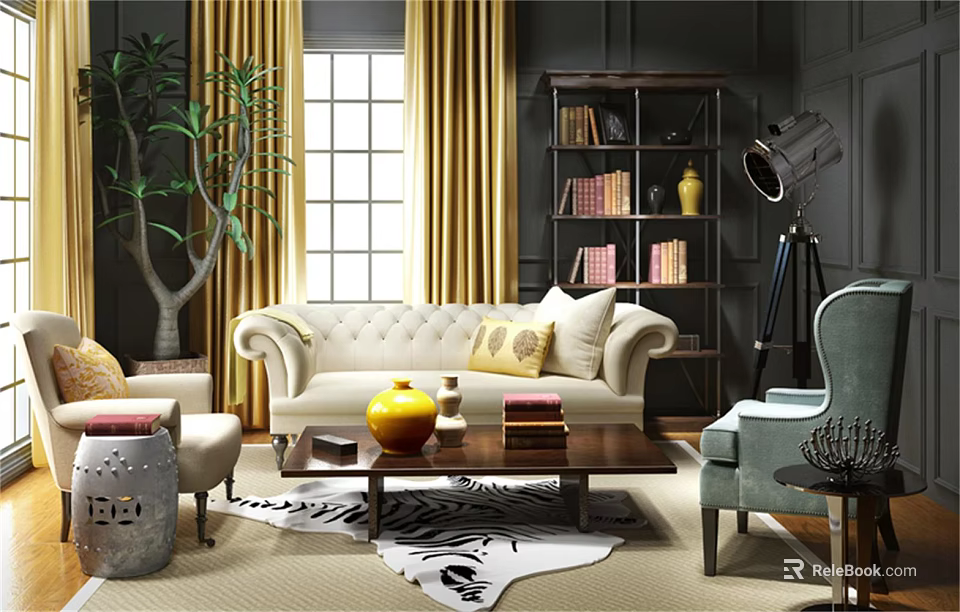 Cream Colored Sofa And Wooden Coffee Table Set With Throw Pillows Bookshelf Floor Lamp Indoor Plant 3d model 