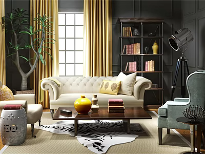 Cream Colored Sofa And Wooden Coffee Table Set With Throw Pillows Bookshelf Floor Lamp Indoor Plant 3d model