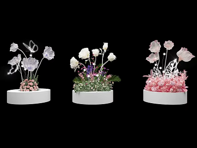 Elegant Floral Display Decorations On White Pedestals With White Pink Flowers And Decorative Greenery Elements 3d model