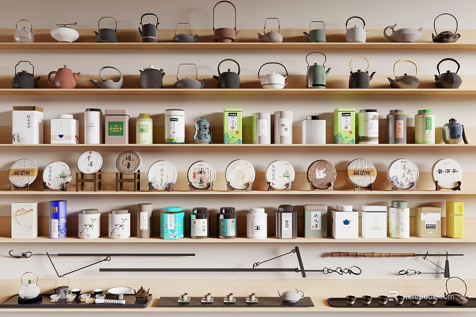 Various Ceramic Tea Wares Display on Wooden Shelves with Teapots Cups and Canisters 3d model 