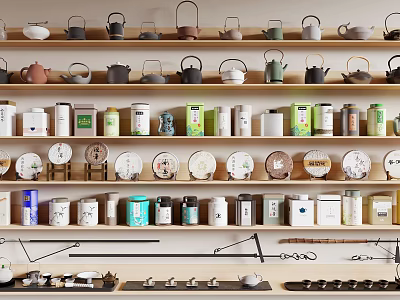 Various Ceramic Tea Wares Display on Wooden Shelves with Teapots Cups and Canisters 3d model