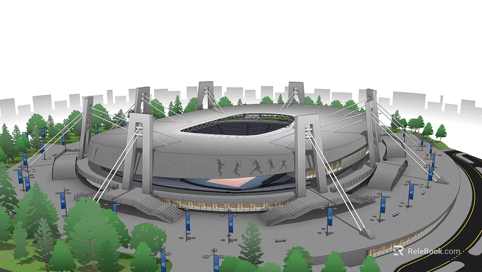 Modern Stadium Architectural Design With Roof Structure Surrounding Trees And Flags 3d model