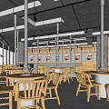 Industrial Style Restaurant Interior With Round Wooden Tables Chairs And Large Windows