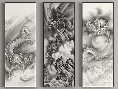 Traditional Chinese Dragon Ink Paintings Three Panel Scrolls With Clouds And Mountains 3d model
