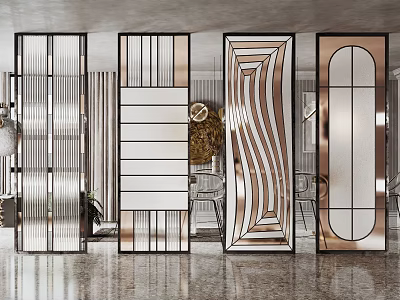 Modern Stylish Room Dividers With Metal Frames Glass Panels And Geometric Patterns 3d model