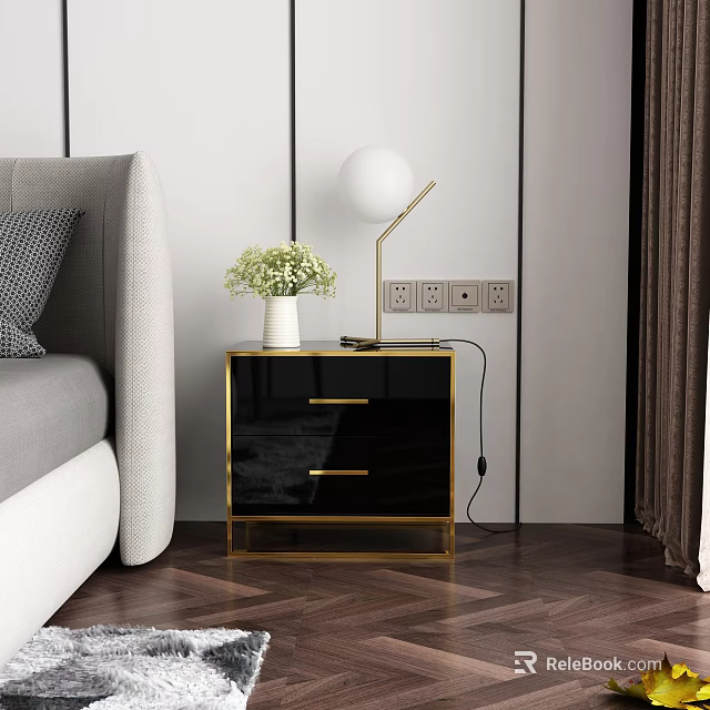 Modern Black Gold Nightstand With Drawers Table Lamp And Flower Vase Near Bed 3d model 